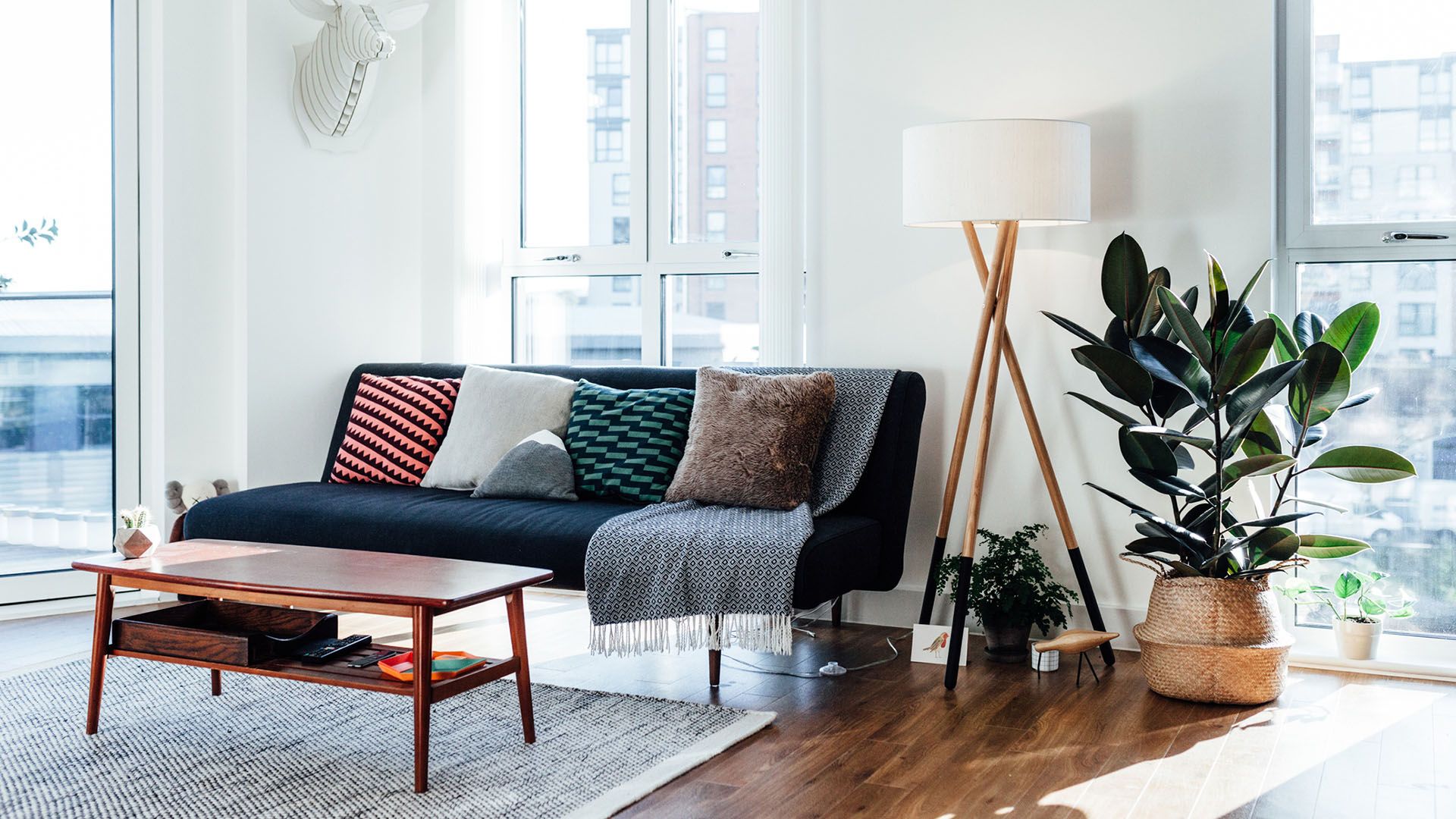 organised living room with smart lighting