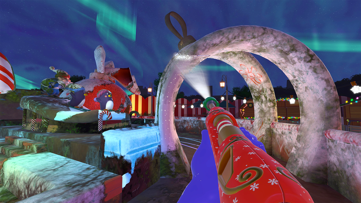 An image from PowerWash Simulator&#039;s christmas DLC. A festive-themed power washer blasts filthy, festive decorations.