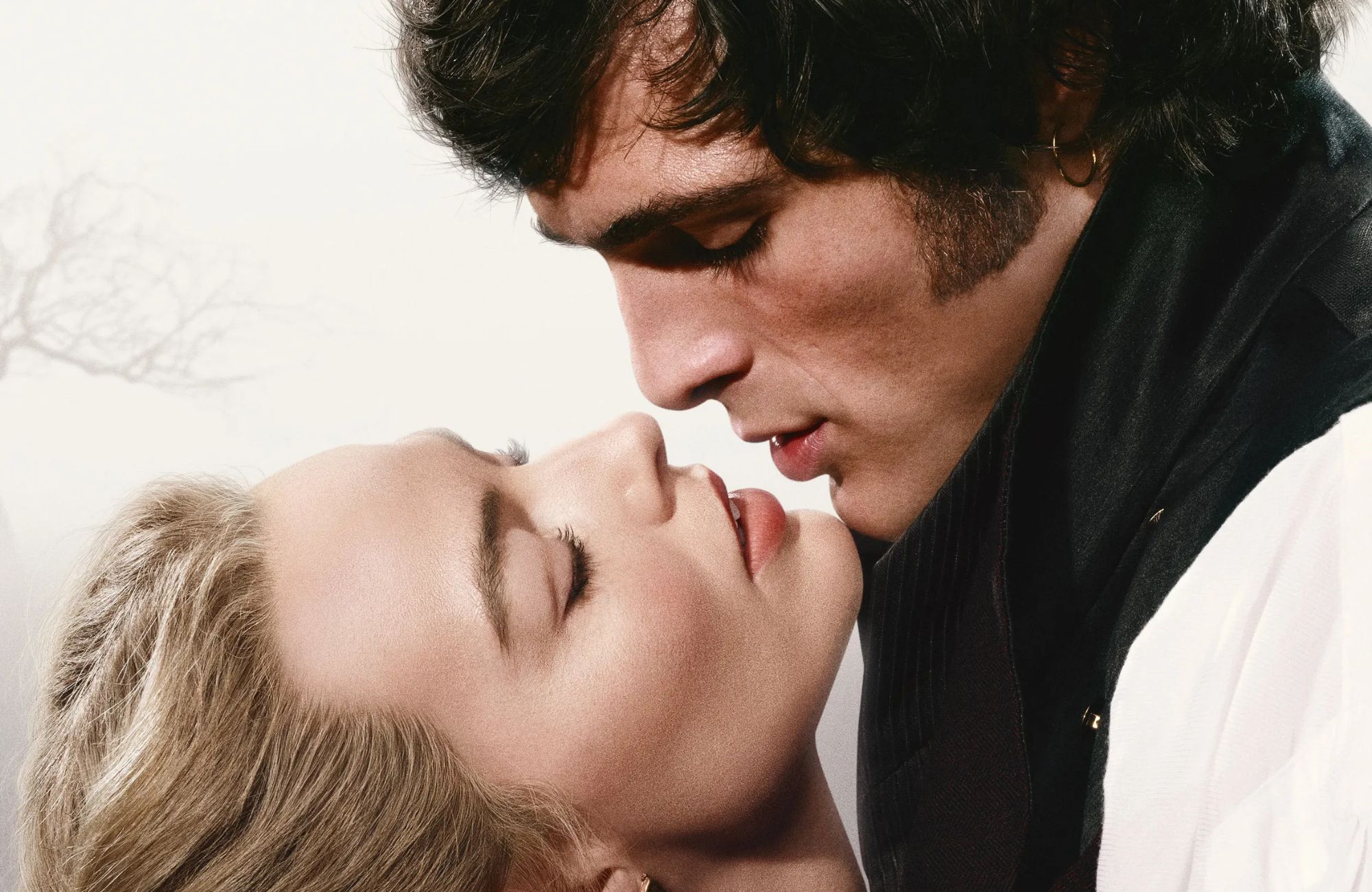 A swooning shot of Cathy and Heathcliff from Emerald Fennell's Wuthering Heights