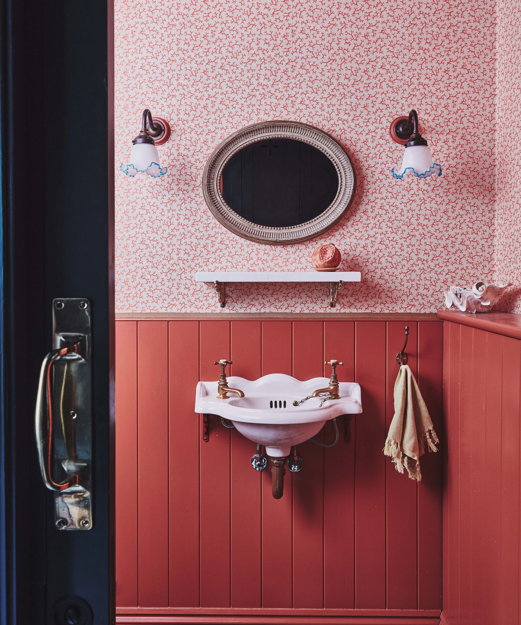 Red bathroom with panelling