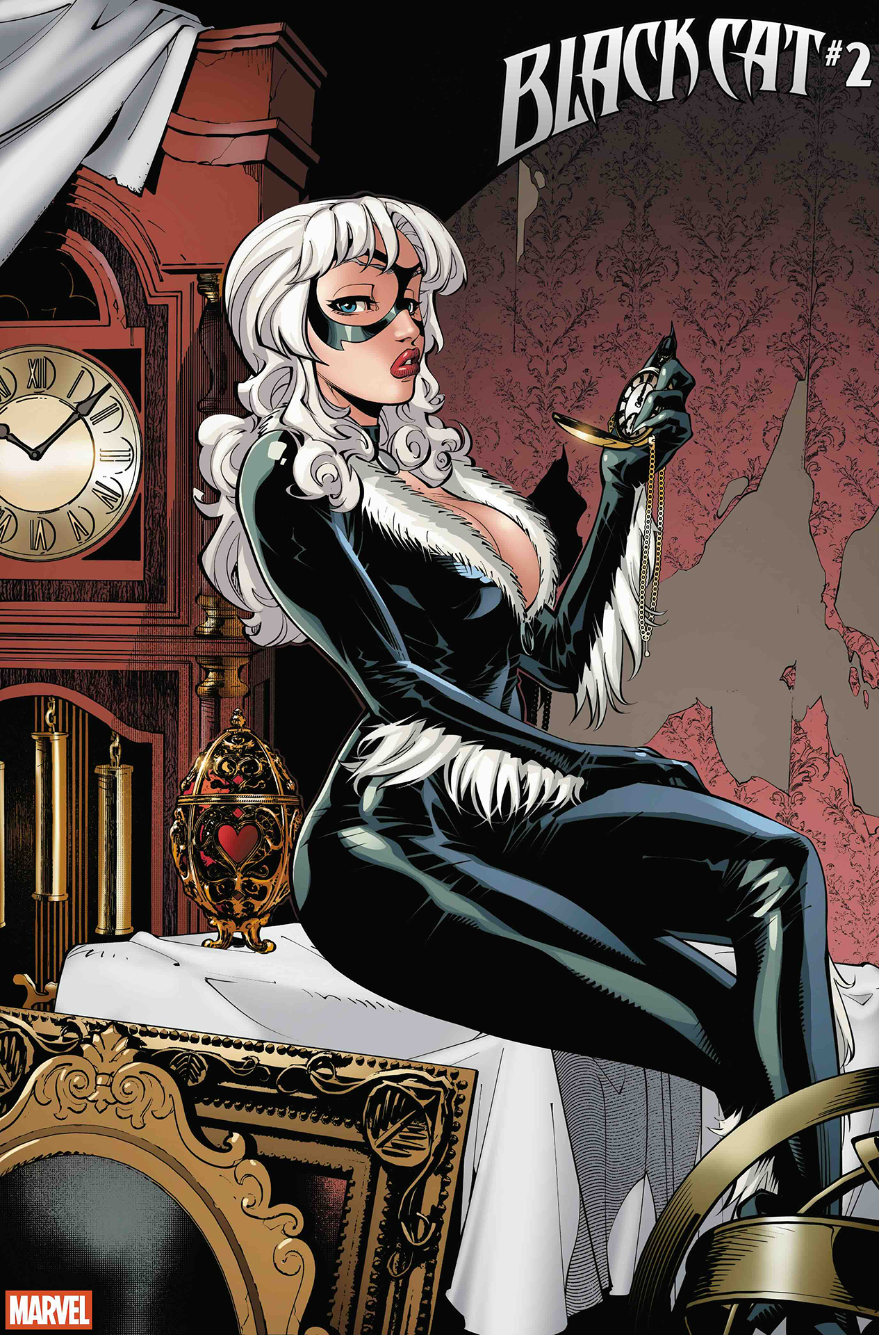 Black Cat sitting on a table in a finely decorated room