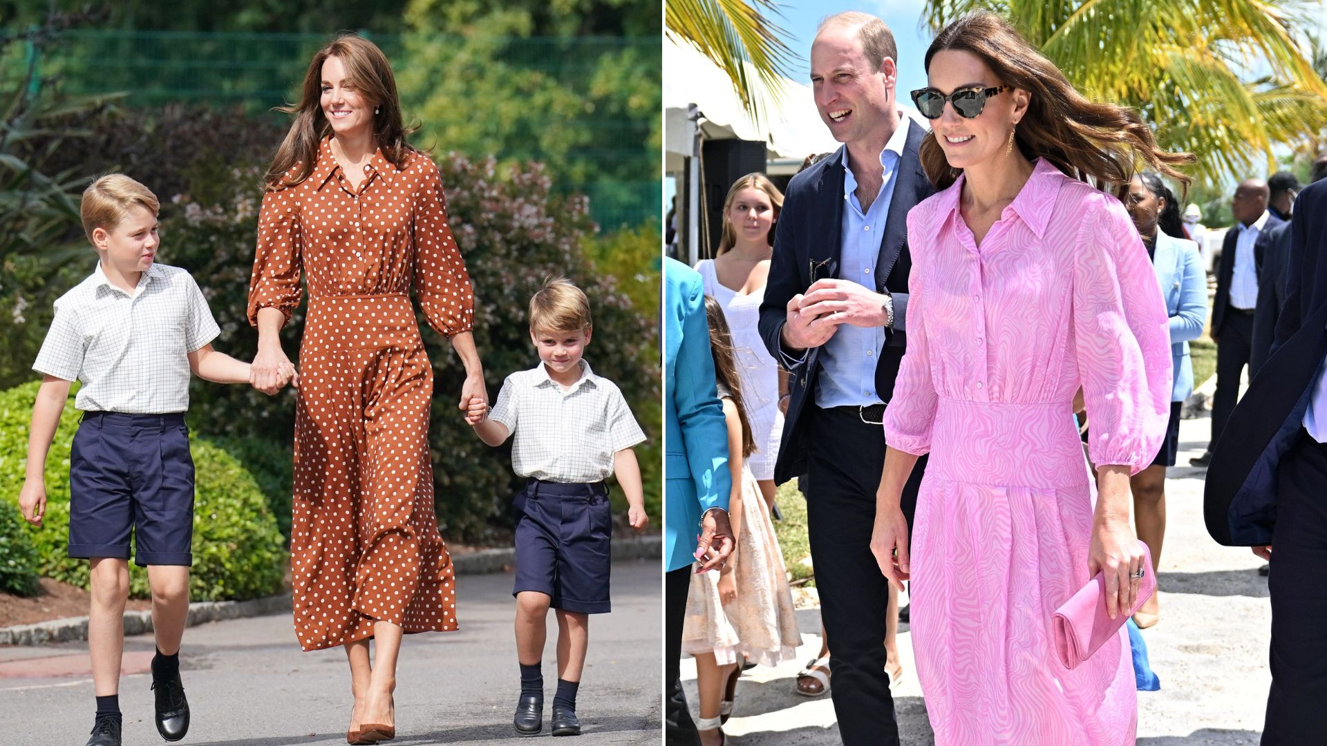Two images of Kate Middleton wearing the Rixo Izzy dress