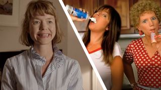 Julia grimaces on the left while Kath and Kim pour whipped cream into their mouths on the right.