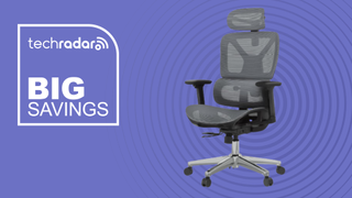 FlexiSpot ErgoX office chair on a purple background beside a TechRadar badge reading Big Savings.