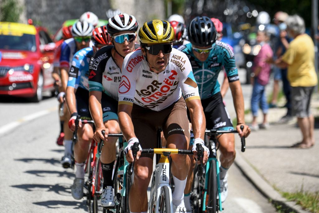 Team AG2Rs Greg Van Avermaet of Belgium C leads the breakaway during the sixth stage of the 73rd edition of the Criterium du Dauphine cycling race a 167km between LoriolsurDrome and Le SappeyenChartreuse on June 4 2021 Photo by Alain JOCARD AFP Photo by ALAIN JOCARDAFP via Getty Images
