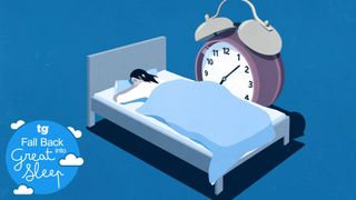 A drawing of a woman lying on her front in bed with a huge alarm clock next to her bed