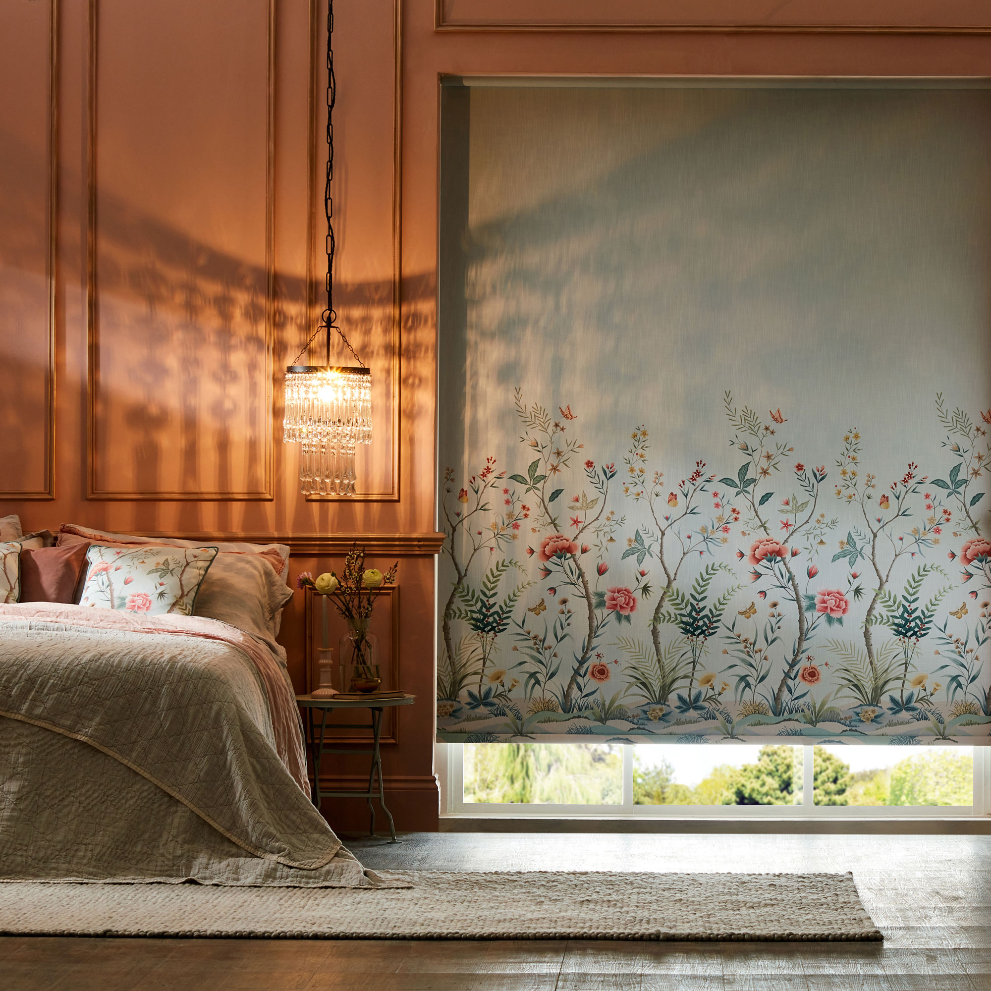 floral blackout blind in bedroom