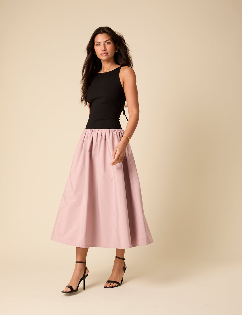 Black and Pink Drop Waist Carmel Midi Dress