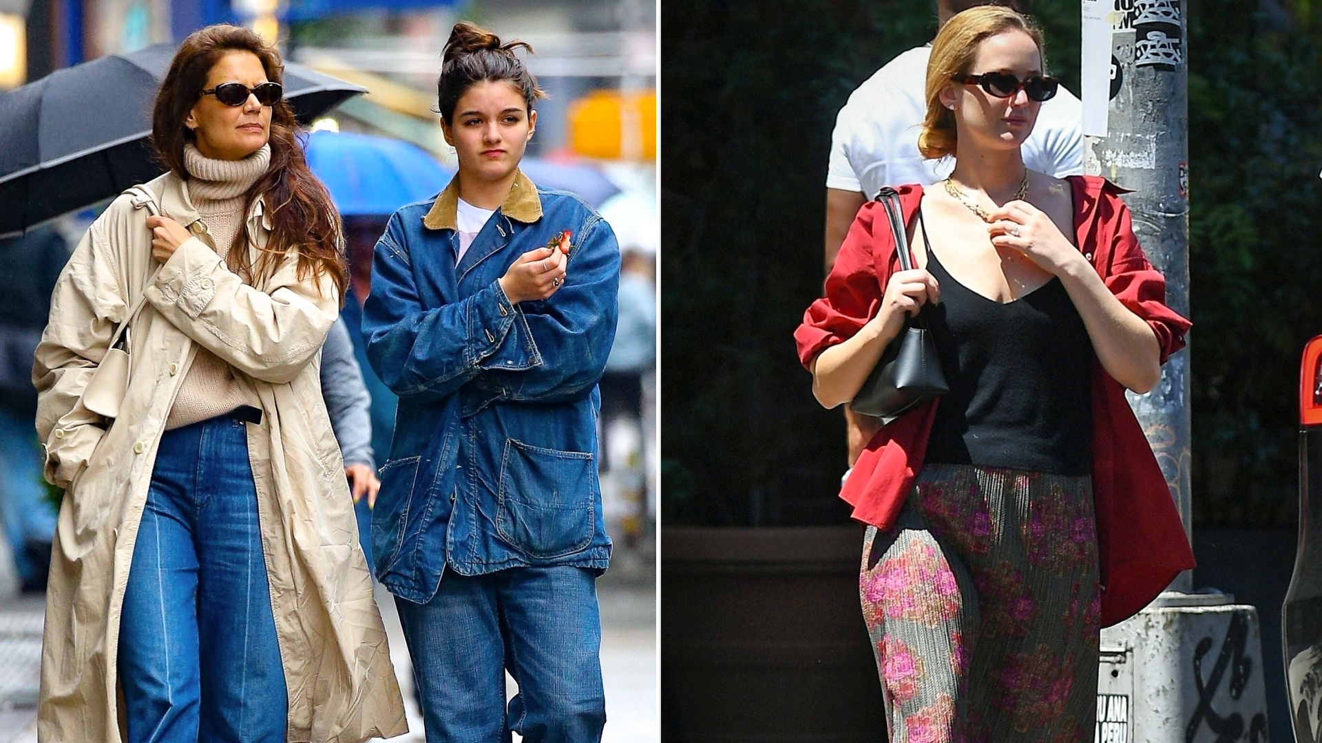 Split image of Katie Holmes with Suri Cruise carrying a freja bag with Jennifer lawrence carrying black freja bag