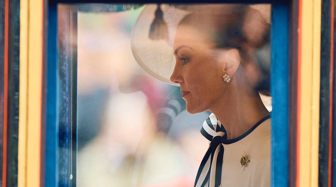 Britain&#039;s Catherine, Princess of Wales, rides the Glass State Coach at Horse Guards Parade during the King&#039;s Birthday Parade &quot;Trooping the Colour&quot; in London on June 15, 2024. 