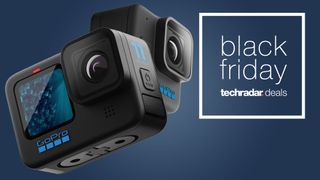 Two GoPro action cameras on a blue background