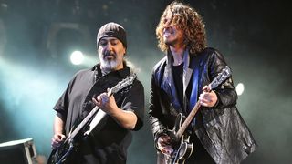 Kim Thayil and Chris Cornell of American rock group Soundgarden perform live on stage during the first day of Hard Rock Calling, at Hyde Park on July 13, 2012 in London, England