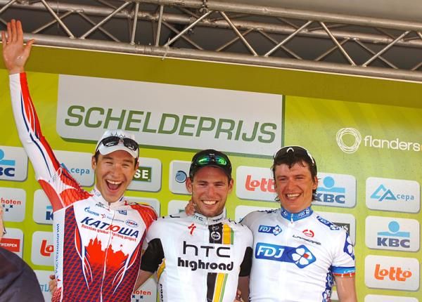 The Scheldeprijs podium: Denis Galimzyanov (Katusha), Mark Cavendish (HTC-Highroad), Yauheni Hutarovich (FDJ)