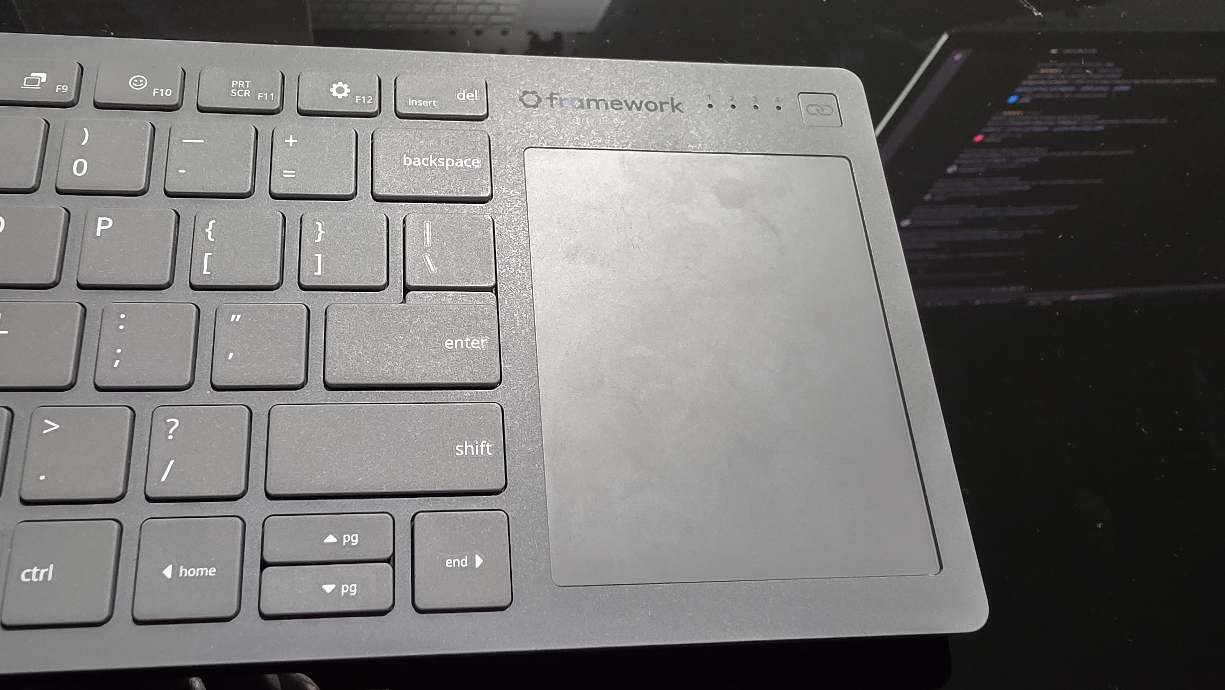 A closeup shot of the trackpad on the Framework Wireless Touchpad Keyboard