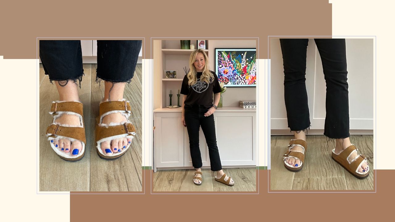 Composite image of woman wearing birkenstock arizona shearling sandals