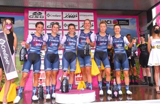 GROSSETO ITALY SEPTEMBER 11 Podium Audrey CordonRagot of France Elisabeth DeignanArmitstead of The United Kingdom Elisa Longo Borghini of Italy Ellen Van Dijk of The Netherlands Tayler Wiles of The United States and Ruth Winder of The United States and Team Trek Segafredo Celebration Champagne Miss Hostess during the 31st Giro dItalia Internazionale Femminile 2020 Stage 1 a 168km Team Time Trial from Grosseto to Grosseto TTT GiroRosaIccrea GiroRosa on September 11 2020 in Grosseto Italy Photo by Luc ClaessenGetty Images