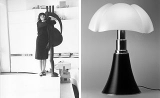 Pictured left: 'Olivetti, Parigi' and Gae Aulenti. Photography: RM. Right: 'Pipistrello' table lamp, for Martinelli Luce, 1965