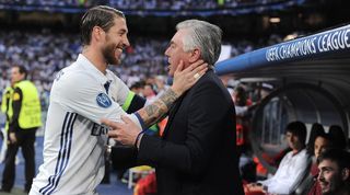Real Madrid defender Sergio Ramos greets former coach Carlo Ancelotti ahead of a Champions League clash against Bayern Munich in 2017.