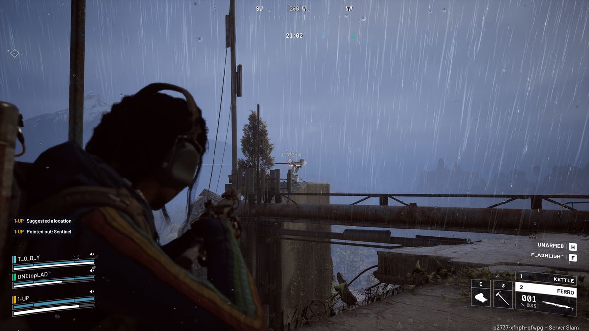 Arc Raiders Sentinel locations: A player looking at a Sentinel turret on a concrete tower in the distance at night while it's raining.