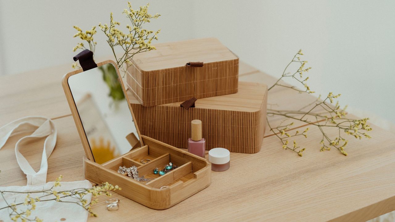 Modern organizers in wood with jewelry at home jewelry box and flowers