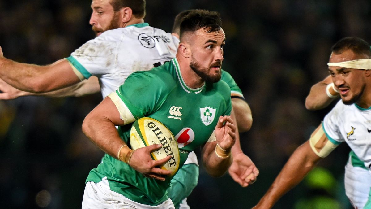 Rónan Kelleher of Ireland makes a break in the lead up to South Africa vs Ireland at the rugby Summer Internationals 2024