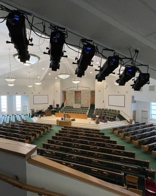 Half of the church’s new Stingray Profile Warm White fixtures, viewed from the balcony.