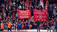 LIVERPOOL, ENGLAND - MAY 16:Liverpool fans pay tribute to Steven Gerrard during the Barclays Premier League match betrween Liverpool and Crystal Palace at Anfield on May 16, 2015 in Liverpool