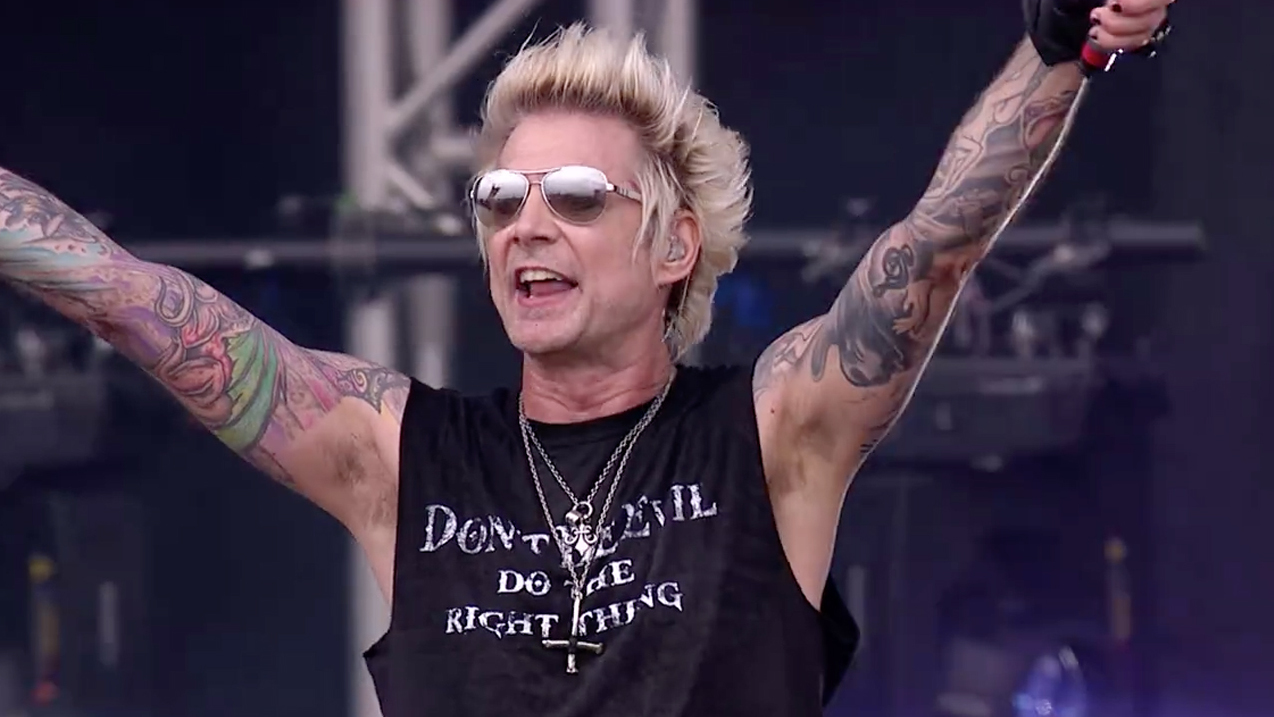 Sixx AM&#039;s James Michael sporting a &#039;Don&#039;t Be Evil&#039; t-shirt onstage at Download