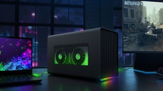 Razer Core X Chroma connected to laptop and monitor