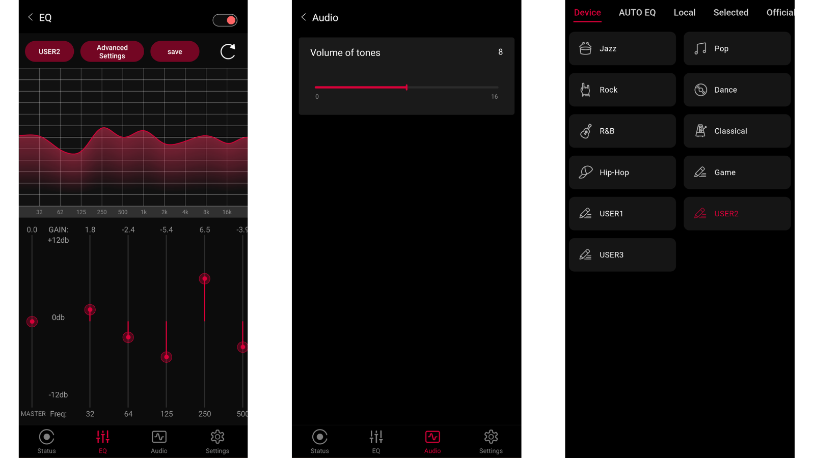 Screenshots of the FiiO app showing parametric EQ, EQ presets and the mysterious 'volume of tones' slider that does nothing