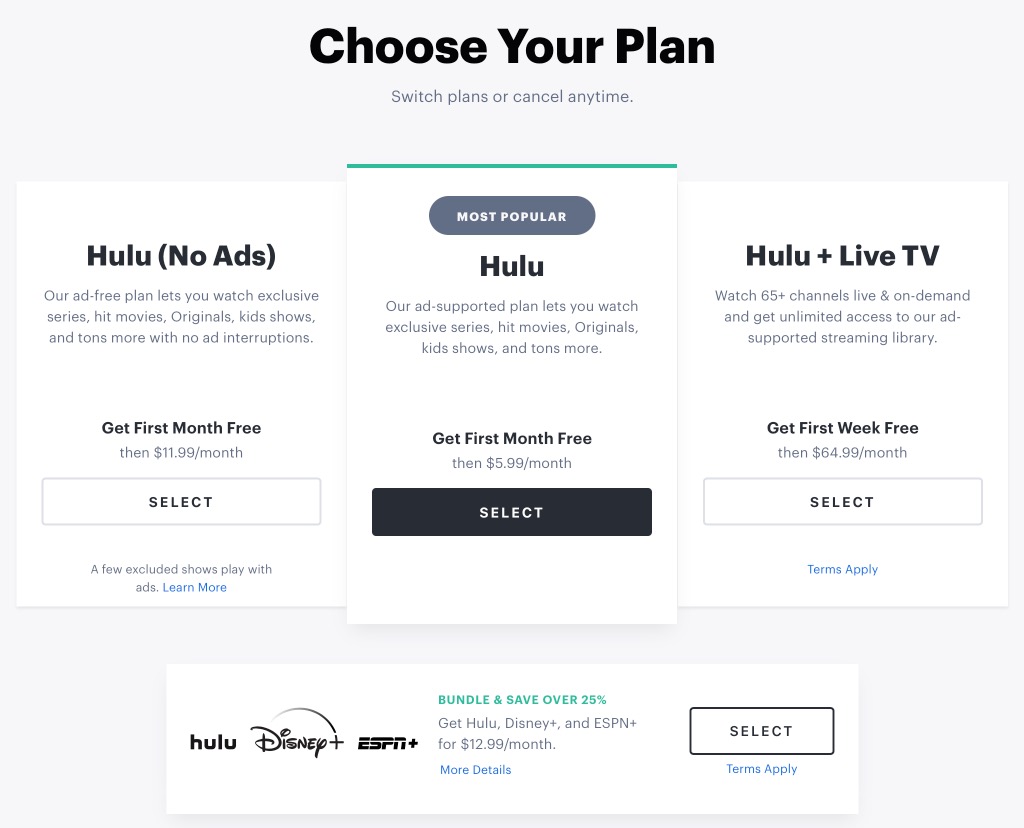 Hulu's plans as of January 2021.