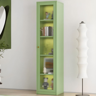 narrow green bookshelf with glass door
