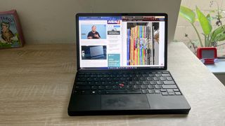 Lenovo ThinkPad X1 Fold 16 Gen 1 review unit on a desk