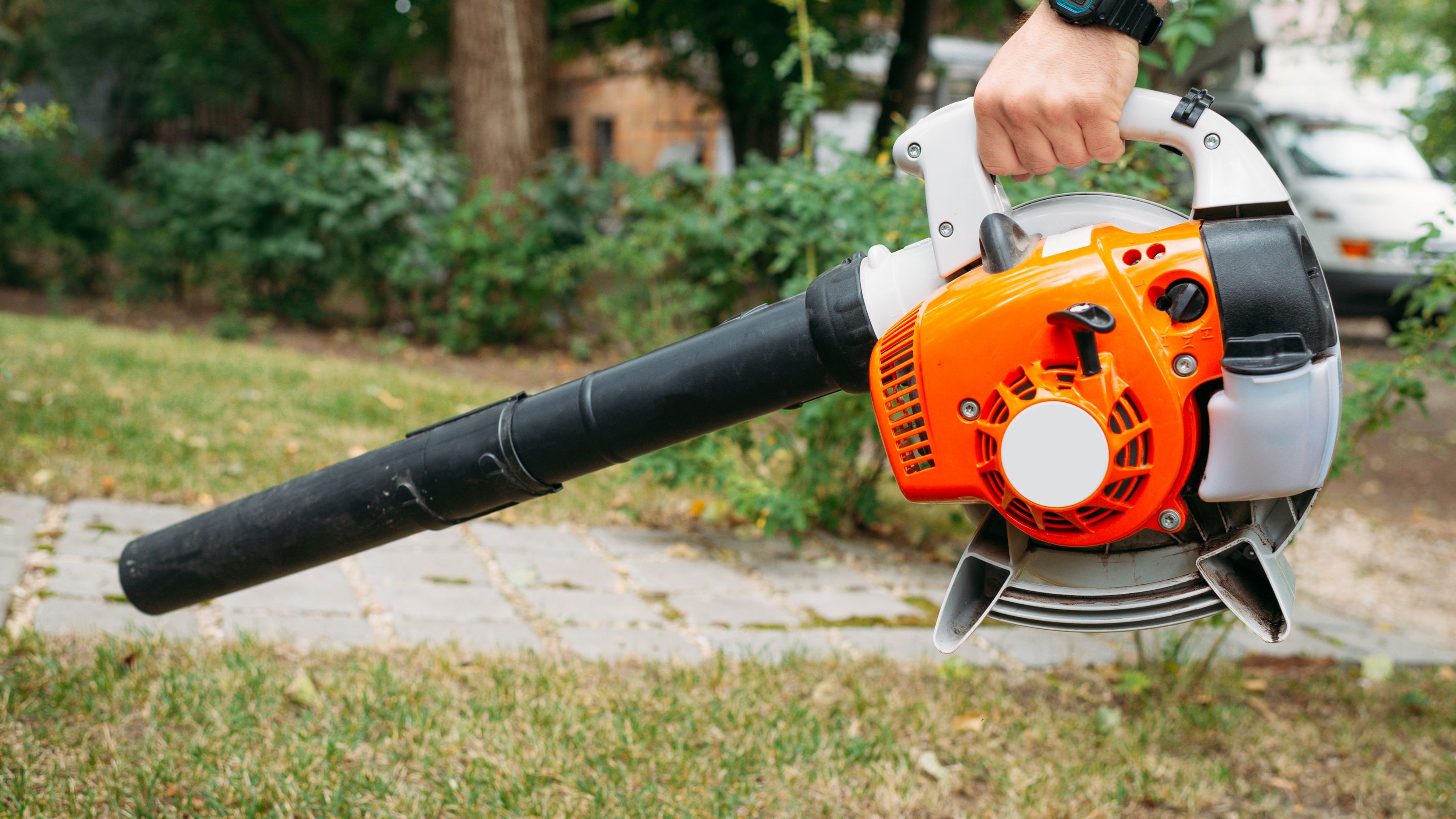 Leaf blower in garden