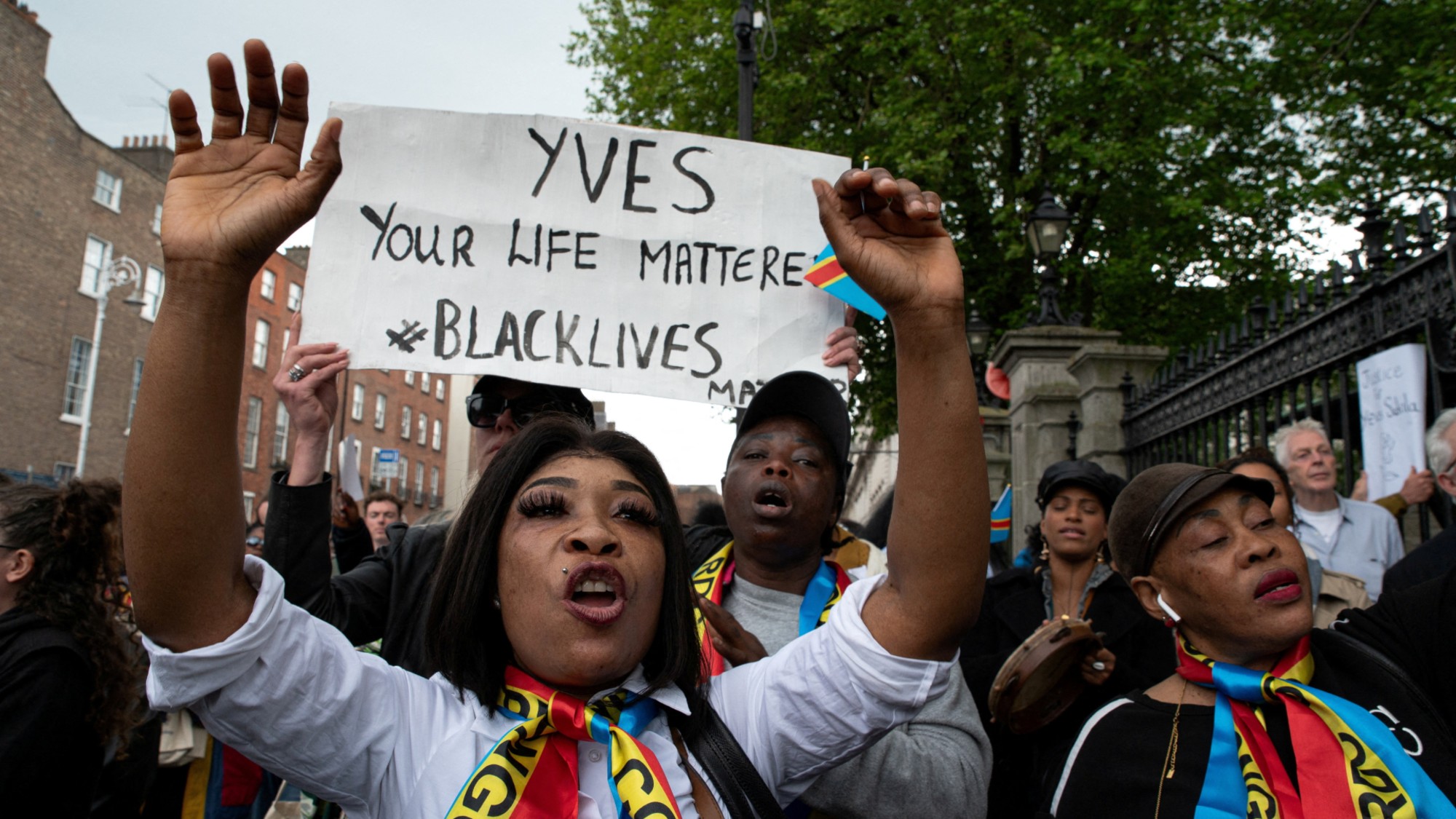 Protesters at a rally in Dublin for Yves Sakila, who was &lsquo;held down by several men for nearly five minutes&rsquo;