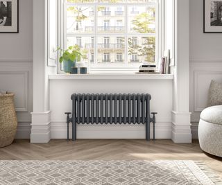 A traditional radiator in an airy room with tall ceilings