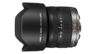 Panasonic Lumix G Vario 7-14mm f/4 ASPH. camera lens on a white background