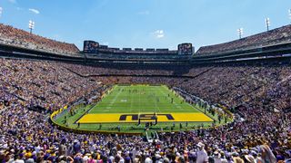 An end zone view of LSU's Tiger Stadium packed out for college football.