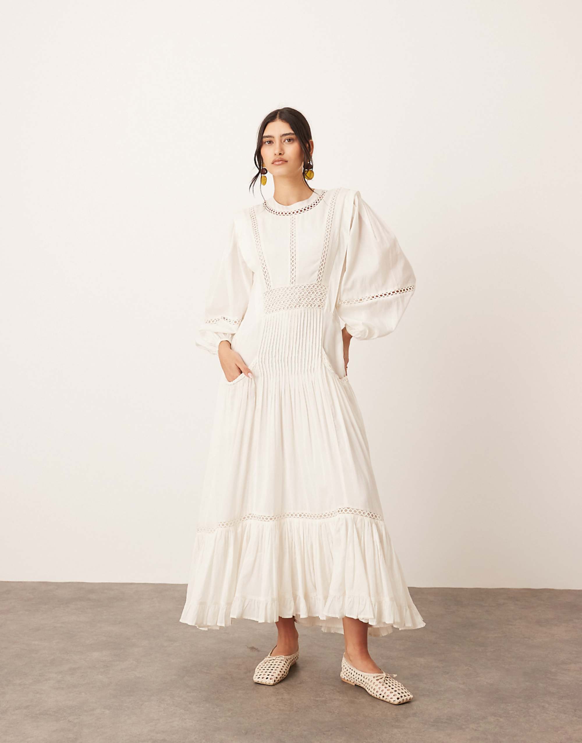 Arrange Cotton Voile Maxi Dress With Lace Trim in Ivory
