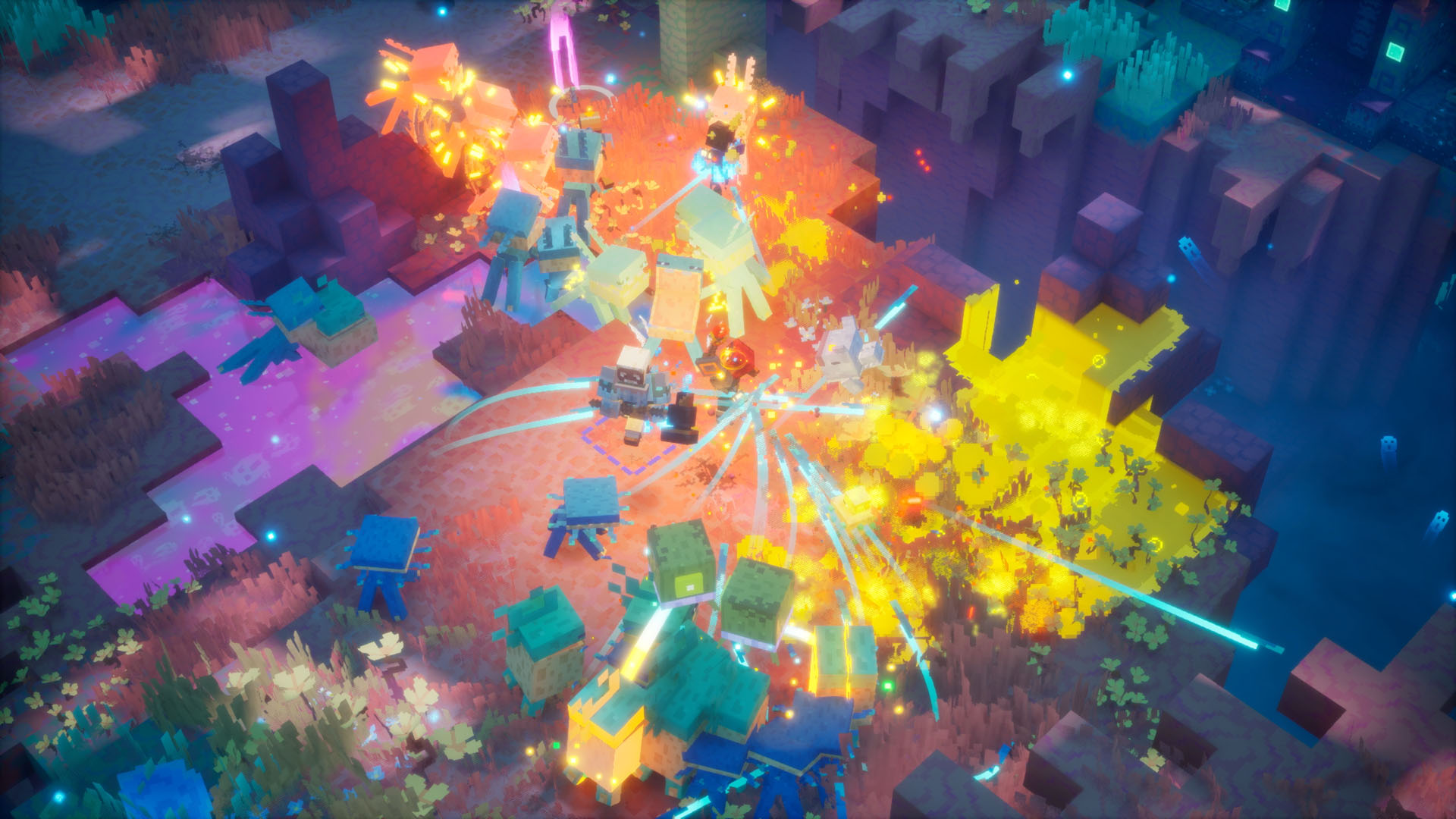 The screen is filled with explosions in Minecraft Dungeons 2