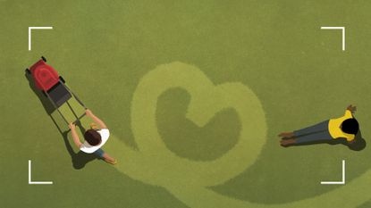 Illustration of couple learning how to improve your sex life by gardening and being outside, man using lawnmower to create heart shape in the grass while woman sits by