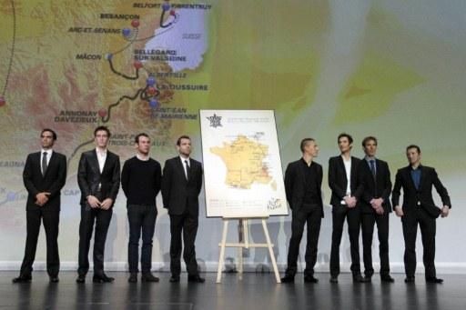Plenty of star power on stage for the 2012 Tour route presentation (l-r): Alberto Contador, Pierre Rolland, Mark Cavendish, Cadel Evans, Philippe Gilbert, Frank and Andy Schleck, and Thomas Voeckler.