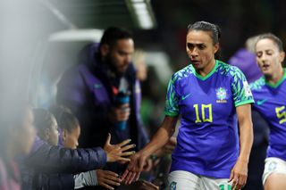 Marta of Brazil interacts with teammates after being substituted off during the FIFA Women's World Cup Australia & New Zealand 2023 Group F match between Jamaica and Brazil at Melbourne Rectangular Stadium on August 02, 2023 in Melbourne, Australia.