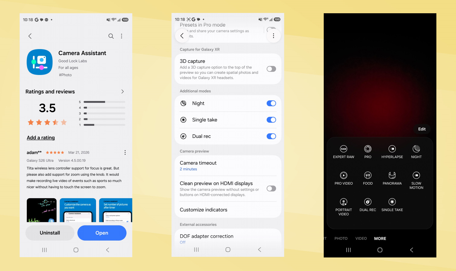 Galaxy S26 Ultra Camera Assistant app screenshots.