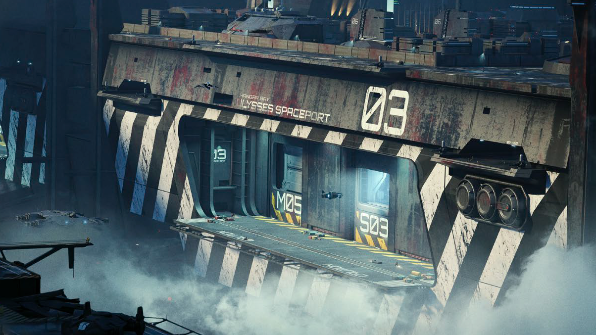Futuristic spaceport with industrial hangar bays and labeled entrances surrounded by mist and small hovering spacecraft in a dark, atmospheric sci-fi setting.