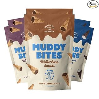 Muddy Bites, Muddy Bites Waffle Cone Snacks Bite Sized Chocolate Filled Cones for Snack or Dessert, Milk Chocolate, Dark Chocolate, Cookies 
Cream, Made With Cane Sugar, Non-Gmo, Kosher (variety Pack, 6 Bags)