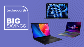 Three laptops on a purple background next to a TechRadar badge reading 'Big Savings'