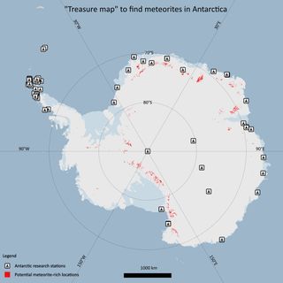 A newly devised "treasure map" to find meteorites in Antarctica, created with the aid of an artificial intelligence program. Also indicates the Antarctic research stations (as listed by COMNAP, https://www.comnap.aq/).