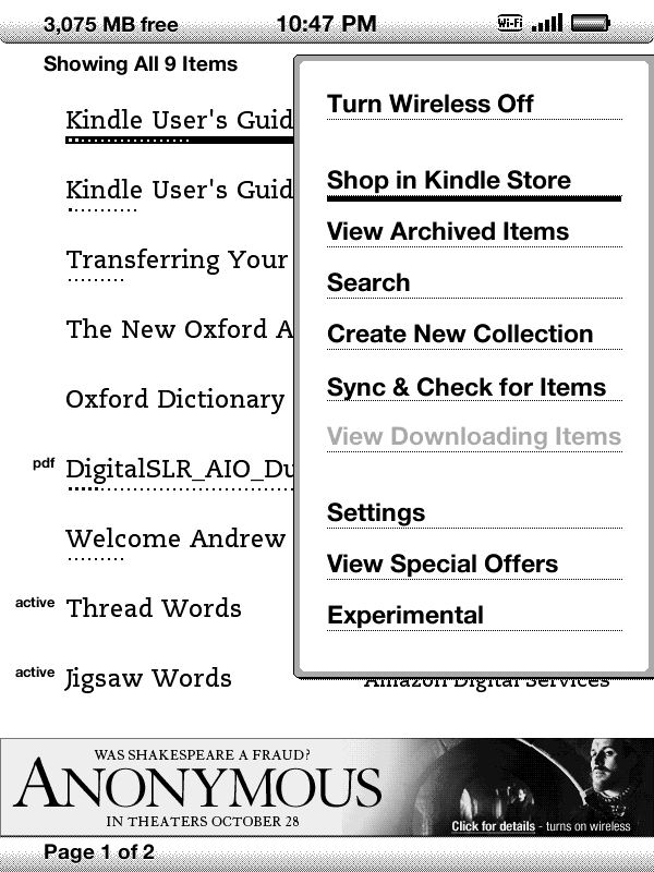 Kindle Keyboard Menu