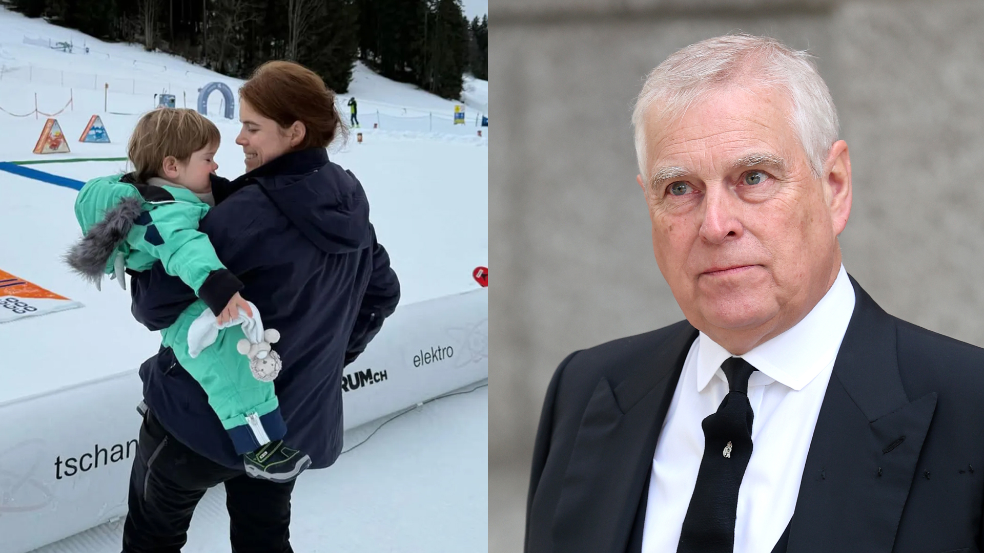 Princess Eugenie holding son Ernest at a ski resort; Prince Andrew wearing a dark suit